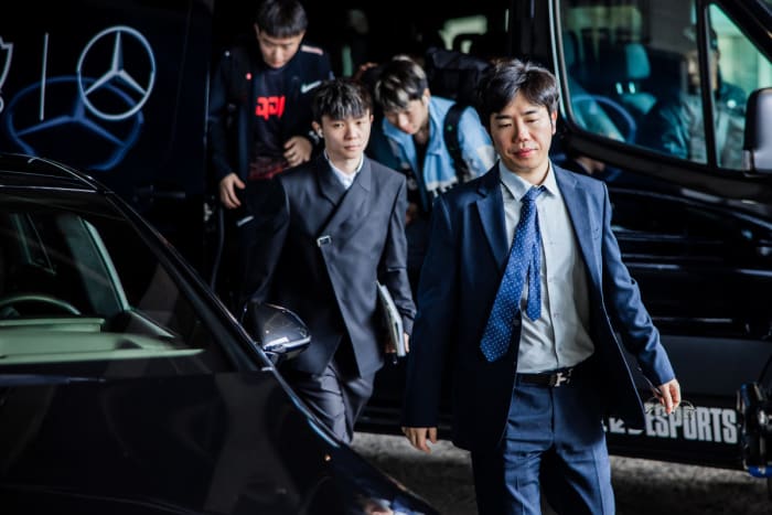 ATLANTA, GEORGIA - OCTOBER 29: Coaches Wu "Vus5o" Shuo (L) and Chen "Xiasu" Long of JD Gaming arrive at the League of Legends World Championship Semifinals on October 29, 2022 in Atlanta, GA.